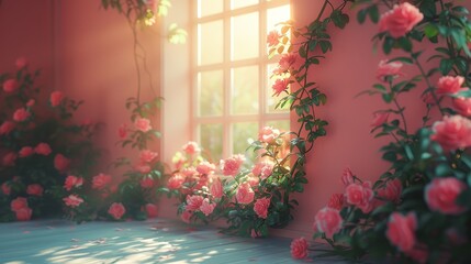   A room adorned with a pink floral mural and a window letting in sunlight