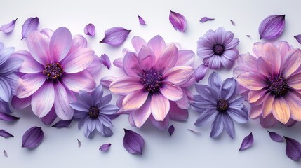  A cluster of purple flowers arranged on a pristine white background, each displaying purple petals