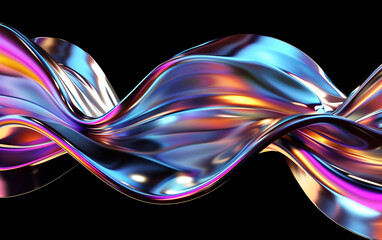 Metallic 3D of abstract silk flowing futuristic holographic iridescent flow on black background. - obrazy, fototapety, plakaty