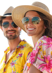 happy man and woman in pink and yellow summer clothes, wearing sunglasses and straw hats on a white background, vacation, holidays, travel, resort, hotel, family, couple, husband, wife, emotional face