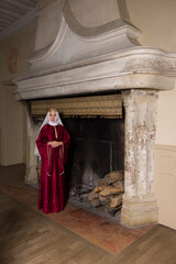 Medieval queen in front of fireplace