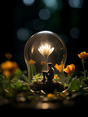 A whimsical image showcasing a tiny man sitting under a tulip inside a clear lightbulb, surrounded by flowers and darkness beyond