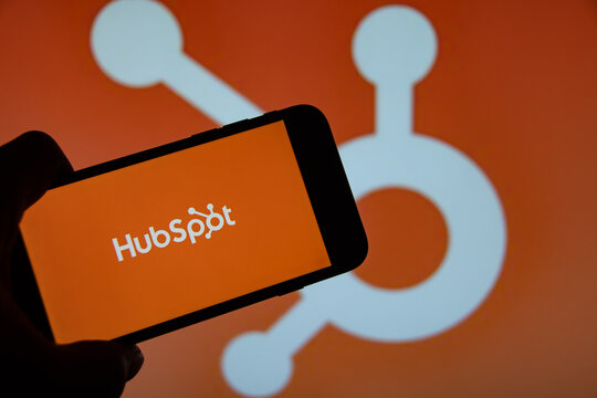Rheinbach, Germany  13 March 2024,  The brand logo of the US company "Hubspot" on the display of a smartphone (focus on the brand logo)