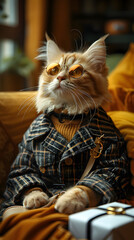 An endearing image of a cat dressed in human-like clothing, appearing as a sophisticated and thoughtful character. Fashion collection commercial magazine cover