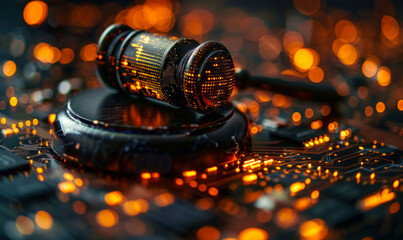 Gavel on digital circuit board, concept of legal compliance and regulation in technology, data privacy, and cybersecurity Dramatic lighting emphasizes the importance and complexity of the issue