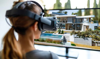 Innovative Real Estate Exploration: Man Engages with Virtual Reality Headset to Discover and Design Modern Architectural Spaces - obrazy, fototapety, plakaty