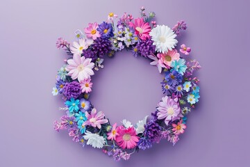 Flower wreath. Round shaped wreath made of colorful flowers, isolated on a purple background. Floral flat lay. aesthetic spring design idea, easter decoration creative idea. Springtime. No people