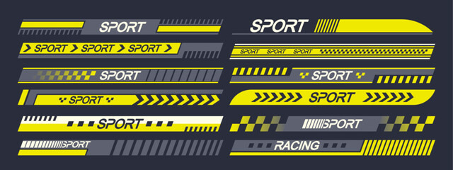 Vector Set of Sports Car Stickers Design Elements Evoking Speed And Racing Aesthetics. Arrows, Stripes And Rally Motifs - 779849644