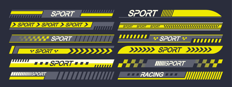 Vector Set of Sports Car Stickers Design Elements Evoking Speed And Racing Aesthetics. Arrows, Stripes And Rally Motifs