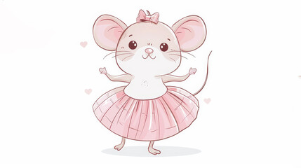   A cartoon mouse in pink tutu and dress adorned with hearts, poses before a pristine white backdrop