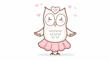   A pink-dressed owl with heart decorations and closed eyes sits against a white backdrop