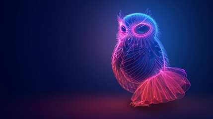   Neon-hued owl atop blue-pink backdrop Red glow emanates from its eyes