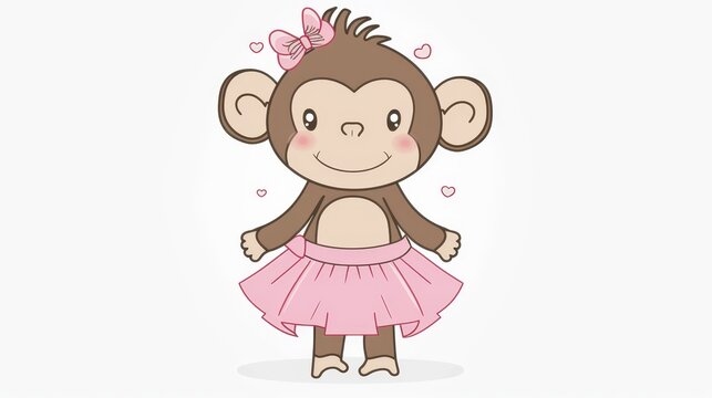   A monkey in a pink dress, wearing a bow on its head, and another bow in its hair