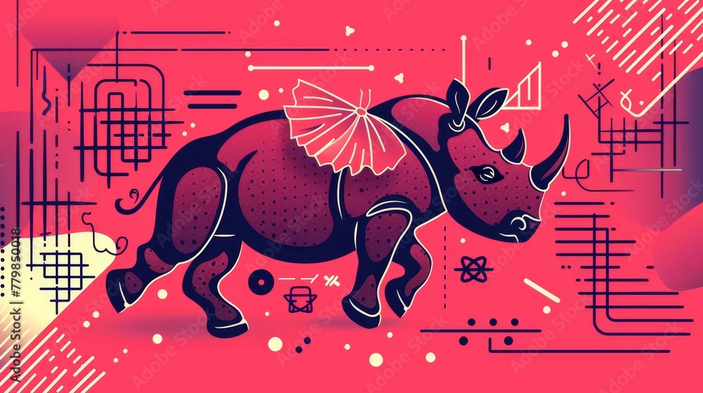 Aufkleber a bull drawing against a pink backdrop, adorned with geometric forms and rectangular lines