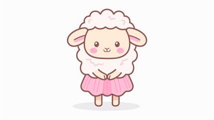   A cartoon sheep with a pink skirt and a white face stands before a white backdrop, its cheeks rosy pink