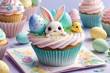 Easter cupcakes with whipped cream for sweet design in watercolor style. Cute sweet food dessert. - obrazy, fototapety, plakaty