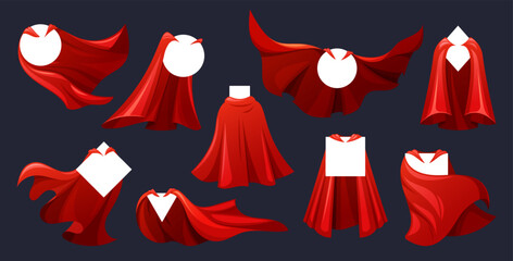 Vibrant Crimson Superhero Cloaks With Geometric Frame Shapes. Red Capes Billow Behind, Embodying Power Or Mystery - 779850421