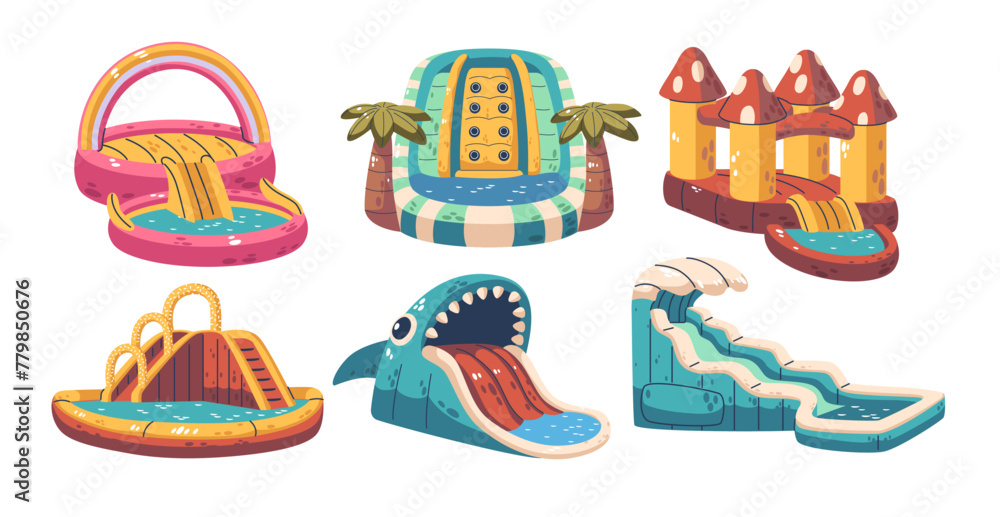 Poster inflatable slides with pools. large, air-filled structures designed for bouncing and sliding fun, ca