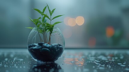   A clear glass vase holding a plant and situated on a table Water droplets gracefully cling to its surface The backdrop is faintly blurred, illuminated by