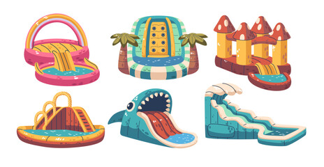 Inflatable Slides With Pools. Large, Air-filled Structures Designed For Bouncing And Sliding Fun, Cartoon Illustration