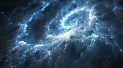   A central swirl of blue and white, situated in a black background, features a white core at its heart