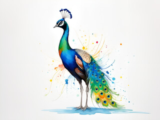 Fototapeta premium Dancing male peacock, peacock art painting, a peacock opening in a colorful scene.