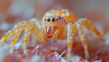 A jumping spider waits for prey. Macro portrait of a beautiful spider