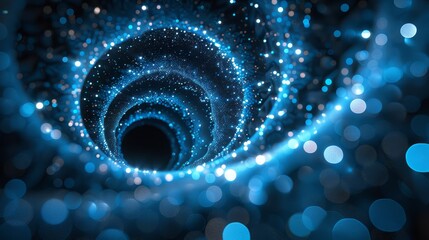   A tight shot of a blue-black backdrop featuring concentric circles of lights at its core, and a central black hole - obrazy, fototapety, plakaty