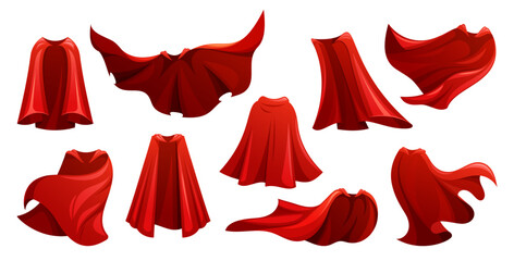 Vector Set of Flowing Red Superhero Cloaks Billow Behind Isolated on White Background. Crimson Super Hero Capes - 779851443