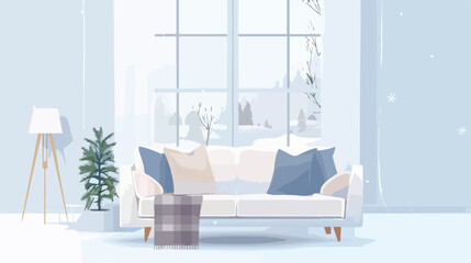 White stylish minimalist room with sofa and winter lan