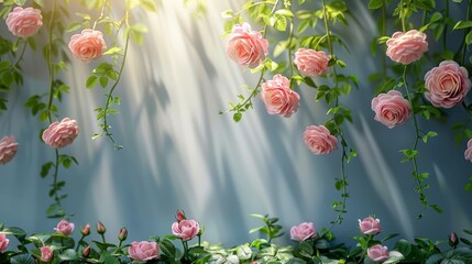   A painting of pink roses against a backdrop of blue, with green leaves casting sunlight through