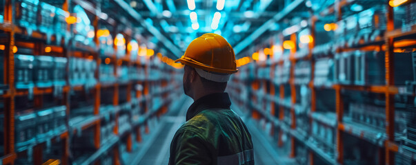 Cryptominer, hard hat, high-tech worker, inspecting a futuristic warehouse powered by blockchain technology - obrazy, fototapety, plakaty