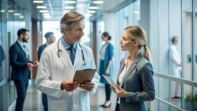 Pharmaceutical Sales Representative Consulting with Female Doctor in Hospital: Healthcare Staff Discussion