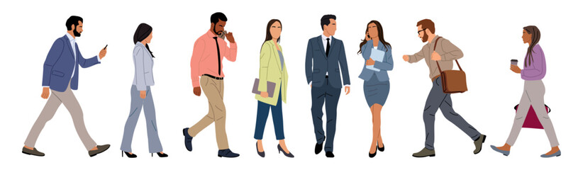 Set of Various business people walking side view. Modern men and women different ethnicities, ages and body types in smart casual and formal office outfits with phone, briefcase, bags. Vector isolated