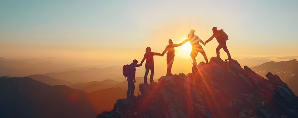 Group of people on peak mountain climbing helping team work , travel trekking success business concept