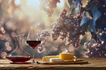 Decanter, red wine glass beside grape clusters with various cheeses on wooden board as appetizers....
