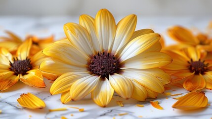   A group of yellow flowers lies on a marble countertop, next to another white marble one, displaying yellow petals