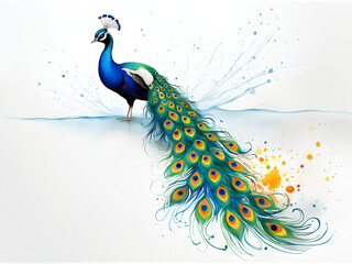 Dancing male peacock, peacock art painting, a peacock opening in a colorful scene.