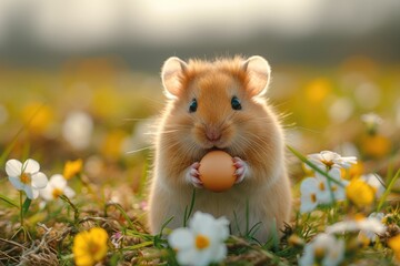 Holiday Happy Easter card. Cute hamster holds in its paws and tries to gnaw Easter egg in green grass with flowers against clear blue sky at sunny spring day. Concept of pets at Easter