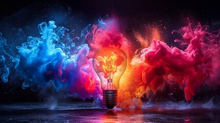   A colorful bulb against a black backdrop, emitting smoke and water in hues of red, orange, blue, pink, and orange A black background with a red-or