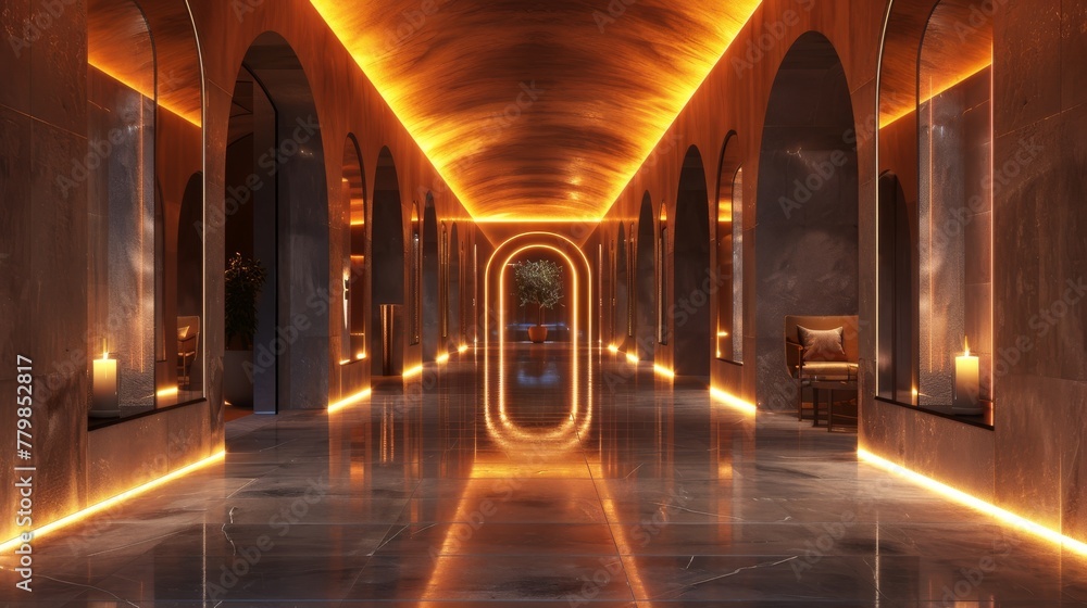 Poster interior design for illuminated corridor. 3d rendering.