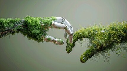 Robot hand and natural hand covered with grass reaching toward each other, technology and nature joining forces, 3D rendering - obrazy, fototapety, plakaty