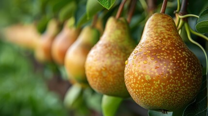  A tree bears pears in a row, each with a green leaf above and brown spots on its outer surface