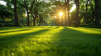   The sun brightly shines through trees in a lush park, grass lined path on each side