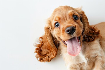 Cute playful small dog cocker spaniel sitting looking up with funny face on white studio background. Portrait of happy puppy having fun with its tongue out. Beautiful cute pup playing close up. Banner