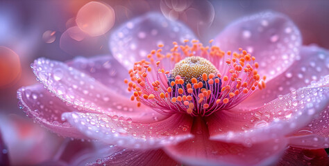   A tight shot of a pink bloom adorned with water beads on its petals, surrounded by a blurred backdrop