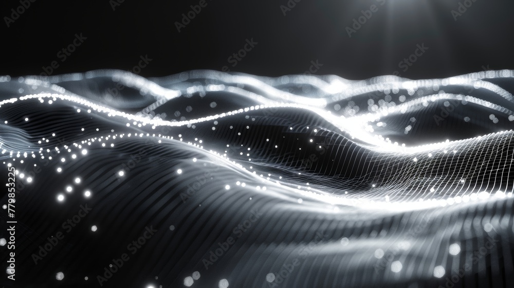 Poster graph technology illustration. abstract white background with connecting lines and dots. wave of par