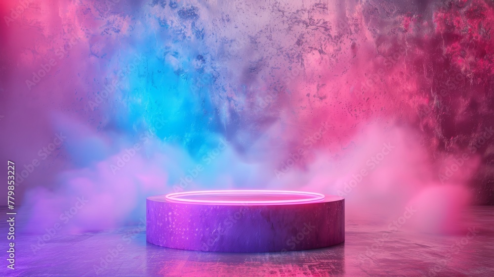 Aufkleber Three-dimensional rendering of a blank product stand with neon lights against a pastel blue background.