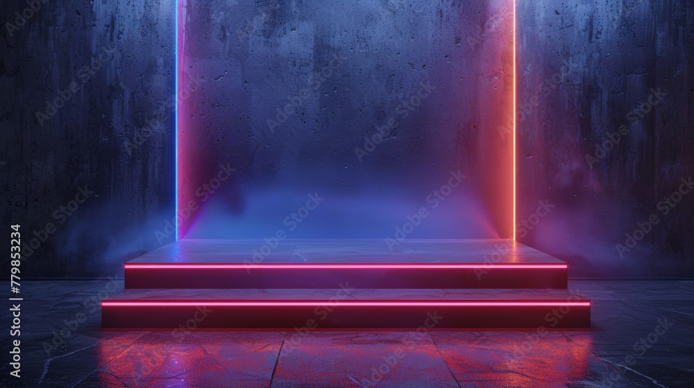 Aufkleber product stand on dark background with neon lights. 3d rendering.