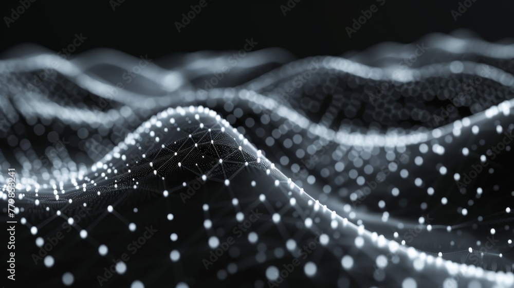Poster 3D rendering of a white wave with dots and lines on a dark background. Wave of particles. Abstract white background.